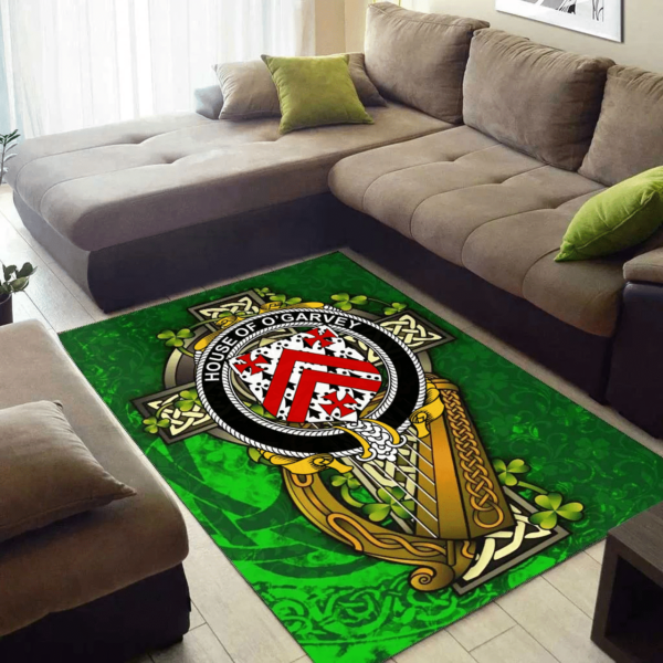 Ireland Area Rug - House of O'GARVEY Family Crest Area Rug - Ireland Coat Of Arms with Shamrock