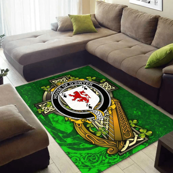 Ireland Area Rug - House of O'DWYER Family Crest Area Rug - Ireland Coat Of Arms with Shamrock