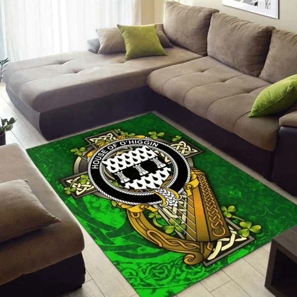 Ireland Area Rug - House of O'HIGGIN Family Crest Area Rug - Ireland Coat Of Arms with Shamrock