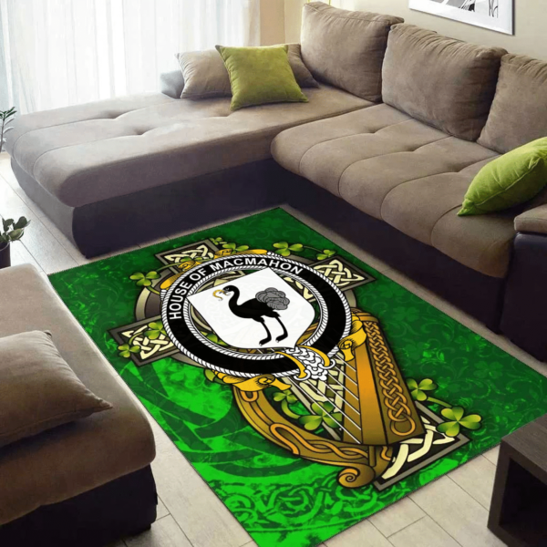 Ireland Area Rug - House of MACMAHON (Oriel) Family Crest Area Rug - Ireland Coat Of Arms with Shamrock