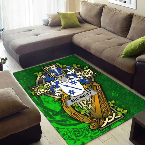 Ireland Area Rug - Auchmuty Family Crest Area Rug - Ireland Coat Of Arms with Shamrock