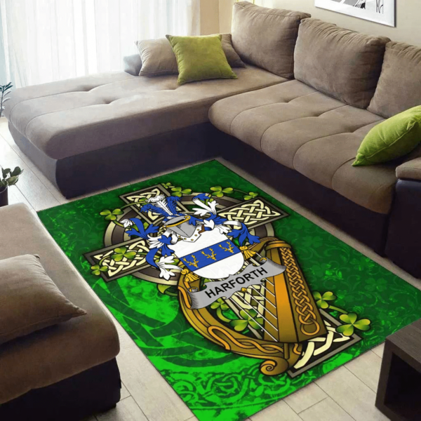 Ireland Area Rug - Harforth Family Crest Area Rug - Ireland Coat Of Arms with Shamrock