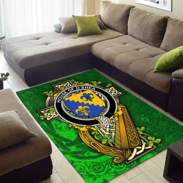 Ireland Area Rug - House of O'SHEA Family Crest Area Rug - Ireland Coat Of Arms with Shamrock