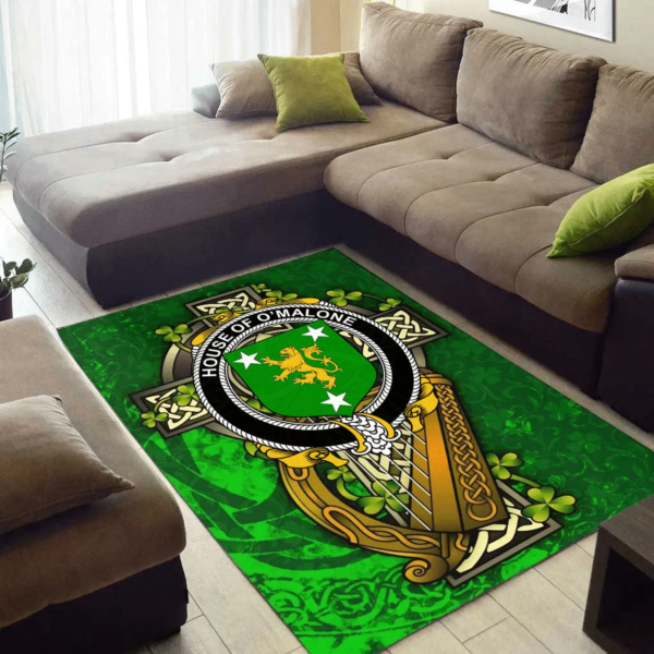 Ireland Area Rug - House of O'MALONE Family Crest Area Rug - Ireland Coat Of Arms with Shamrock