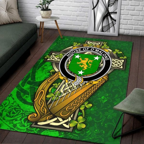 Ireland Area Rug - House of O'MALONE Family Crest Area Rug - Ireland Coat Of Arms with Shamrock - Image 2