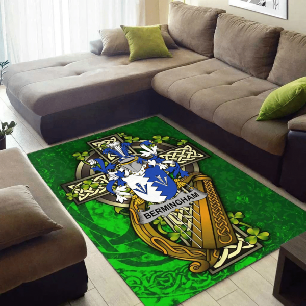 Ireland Area Rug - Bermingham Family Crest Area Rug - Ireland Coat Of Arms with Shamrock