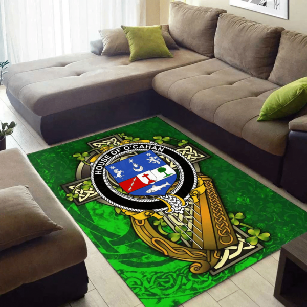 Ireland Area Rug - House of O'CAHAN (KEANE) Family Crest Area Rug - Ireland Coat Of Arms with Shamrock