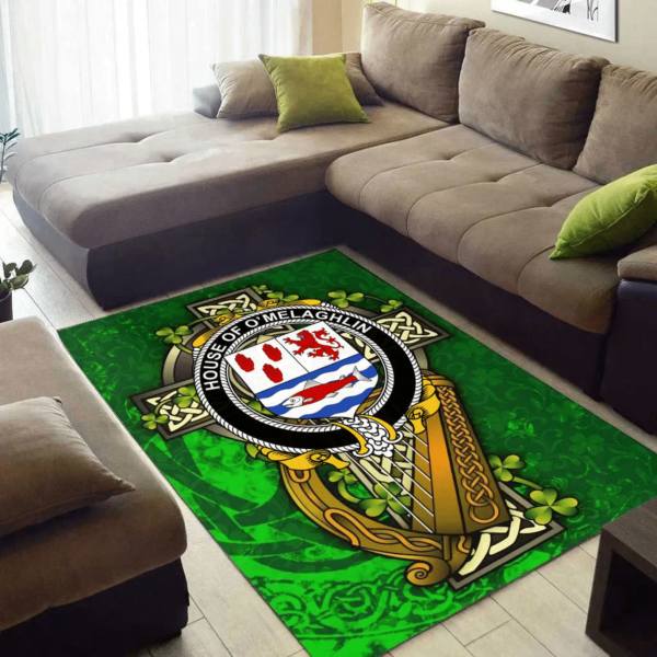 Ireland Area Rug - House of O'MELAGHLIN Family Crest Area Rug - Ireland Coat Of Arms with Shamrock