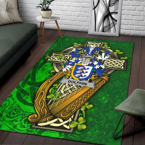 Ireland Area Rug - Dolphin or Dolphyn Family Crest Area Rug - Ireland Coat Of Arms with Shamrock - Image 2