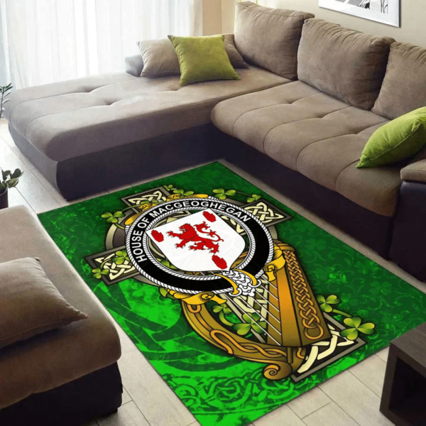 Ireland Area Rug - House of MACGEOGHEGAN Family Crest Area Rug - Ireland Coat Of Arms with Shamrock