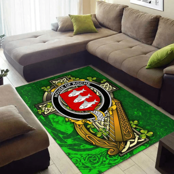 Ireland Area Rug - House of ROCHE Family Crest Area Rug - Ireland Coat Of Arms with Shamrock