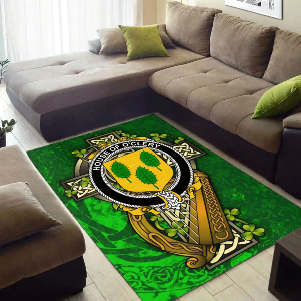 Ireland Area Rug - House of O'CLERY Family Crest Area Rug - Ireland Coat Of Arms with Shamrock