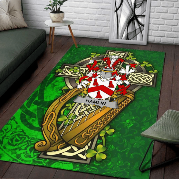 Ireland Area Rug - Hamlin or O'Hamlin Family Crest Area Rug - Ireland Coat Of Arms with Shamrock - Image 2