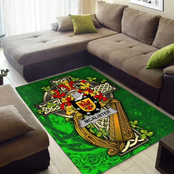 Ireland Area Rug - Alister or McAlister Family Crest Area Rug - Ireland Coat Of Arms with Shamrock