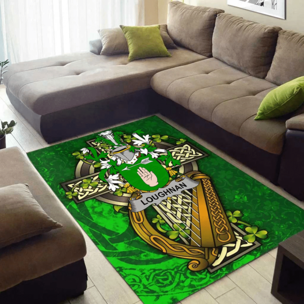 Ireland Area Rug - Loughnan or O'Loughnan Family Crest Area Rug - Ireland Coat Of Arms with Shamrock