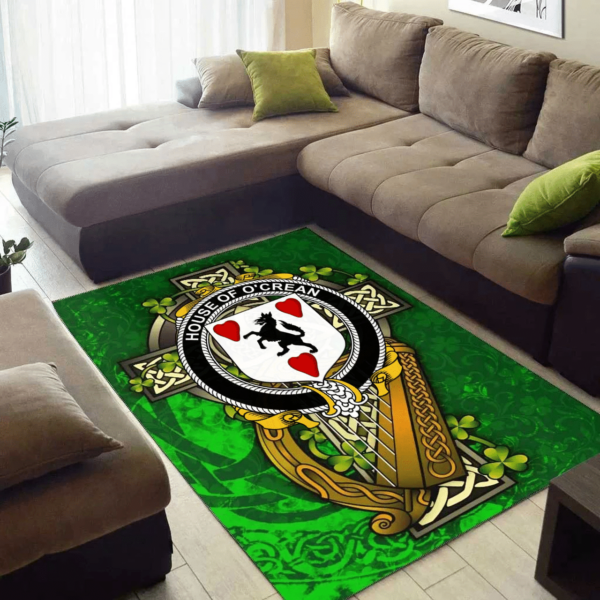 Ireland Area Rug - House of O'CREAN Family Crest Area Rug - Ireland Coat Of Arms with Shamrock