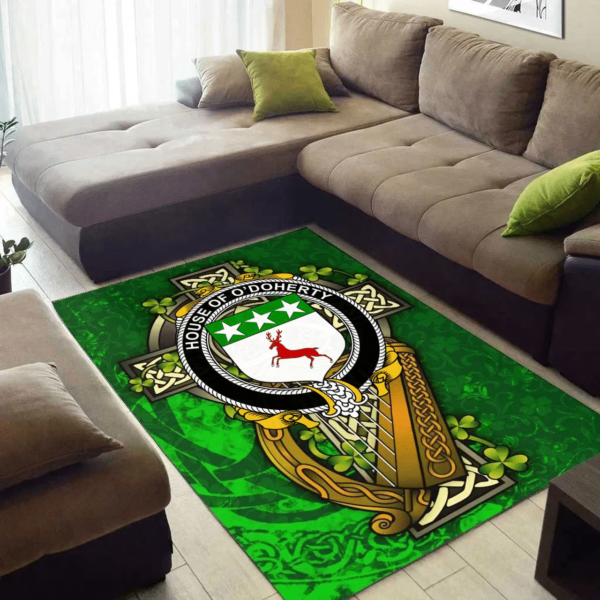 Ireland Area Rug - House of O'DOHERTY Family Crest Area Rug - Ireland Coat Of Arms with Shamrock