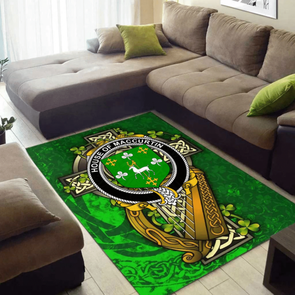 Ireland Area Rug - House of MACCURTIN Family Crest Area Rug - Ireland Coat Of Arms with Shamrock