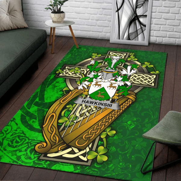 Ireland Area Rug - HawkinsIII Family Crest Area Rug - Ireland Coat Of Arms with Shamrock - Image 2