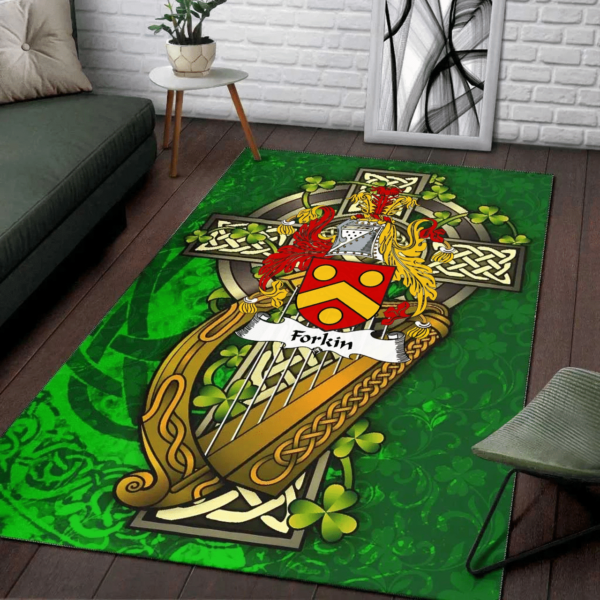 Ireland Area Rug - Forkin Family Crest Area Rug - Ireland Coat Of Arms with Shamrock - Image 2