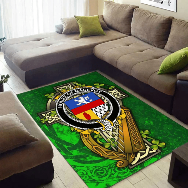 Ireland Area Rug - House of MACEVOY Family Crest Area Rug - Ireland Coat Of Arms with Shamrock