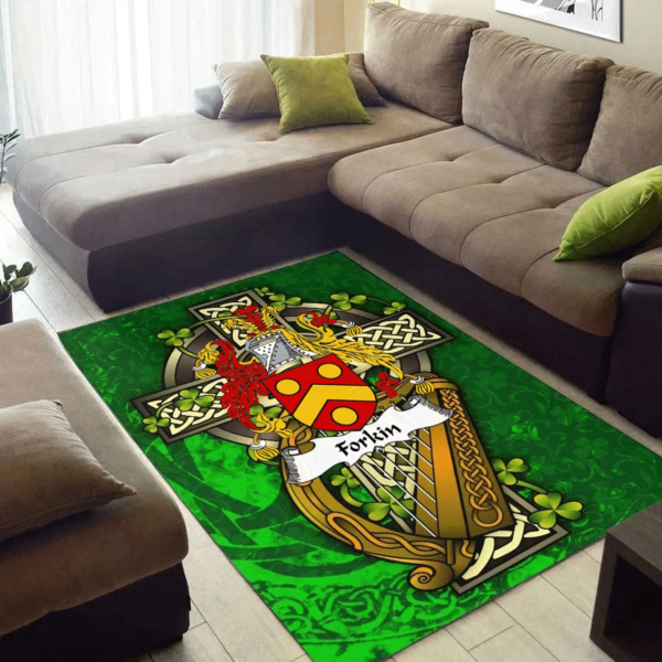 Ireland Area Rug - Forkin Family Crest Area Rug - Ireland Coat Of Arms with Shamrock