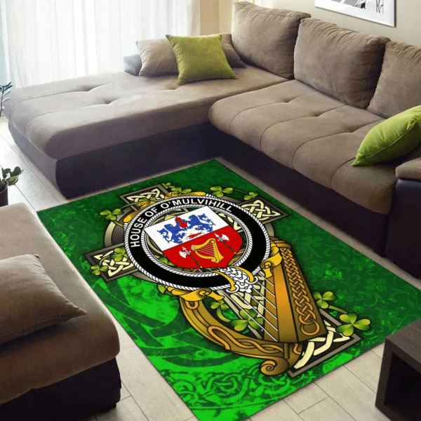 Ireland Area Rug - House of O'MULVIHILL Family Crest Area Rug - Ireland Coat Of Arms with Shamrock