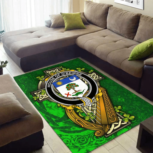 Ireland Area Rug - House of O'BEIRNE Family Crest Area Rug - Ireland Coat Of Arms with Shamrock