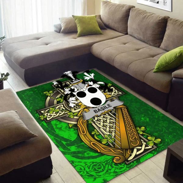 Ireland Area Rug - Basile Family Crest Area Rug - Ireland Coat Of Arms with Shamrock