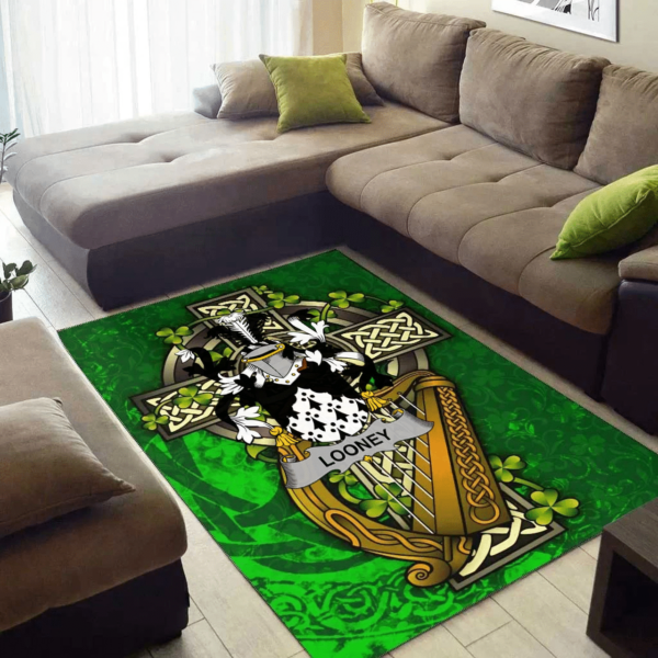 Ireland Area Rug - Looney or O'Lunney Family Crest Area Rug - Ireland Coat Of Arms with Shamrock