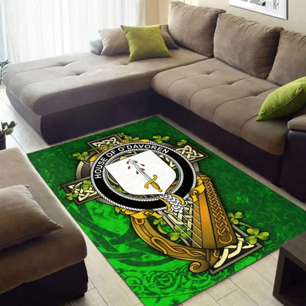 Ireland Area Rug - House of O'DAVOREN Family Crest Area Rug - Ireland Coat Of Arms with Shamrock