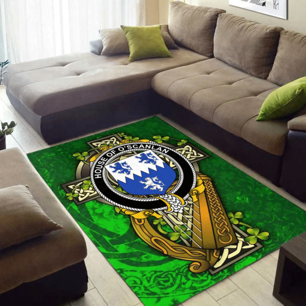 Ireland Area Rug - House of O'SCANLAN (Munster) Family Crest Area Rug - Ireland Coat Of Arms with Shamrock