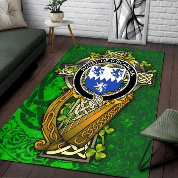 Ireland Area Rug - House of O'SCANLAN (Munster) Family Crest Area Rug - Ireland Coat Of Arms with Shamrock - Image 2