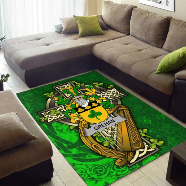 Ireland Area Rug - Grehan or O'Greaghan Family Crest Area Rug - Ireland Coat Of Arms with Shamrock