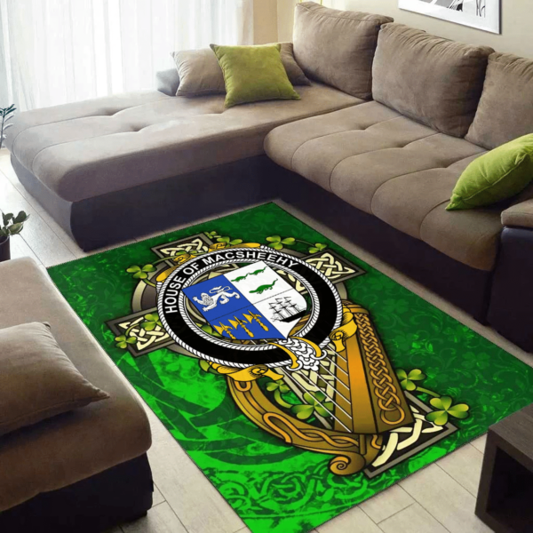 Ireland Area Rug - House of MACSHEEHY Family Crest Area Rug - Ireland Coat Of Arms with Shamrock