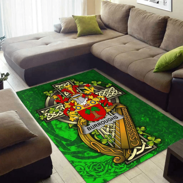 Ireland Area Rug - Burroughs Family Crest Area Rug - Ireland Coat Of Arms with Shamrock