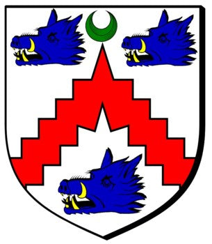 ABERCROMBY of Tullibody Argent a chevron indented Gules between three boars' heads erased Azure armed Or and langued Sable in the middle chief point a crescent Ver