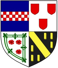 Rt Hon Alastair Ivor Gilbert BOYD 7th Baron Kilmarnock Quarterly 1st Azure a fess chequy Argent and Gules (for Boyd)2nd Argent three inescutcheons Gules (for Hay)3rd Argent three gillyflowers Gules within a double tressure flory counter flory Vert (for Livingston) 4th Sable a bend between six billets Or (for Callendar)